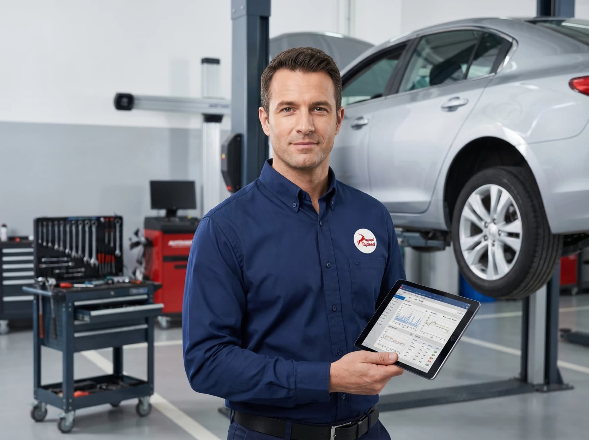 Vehicle being inspected by technician